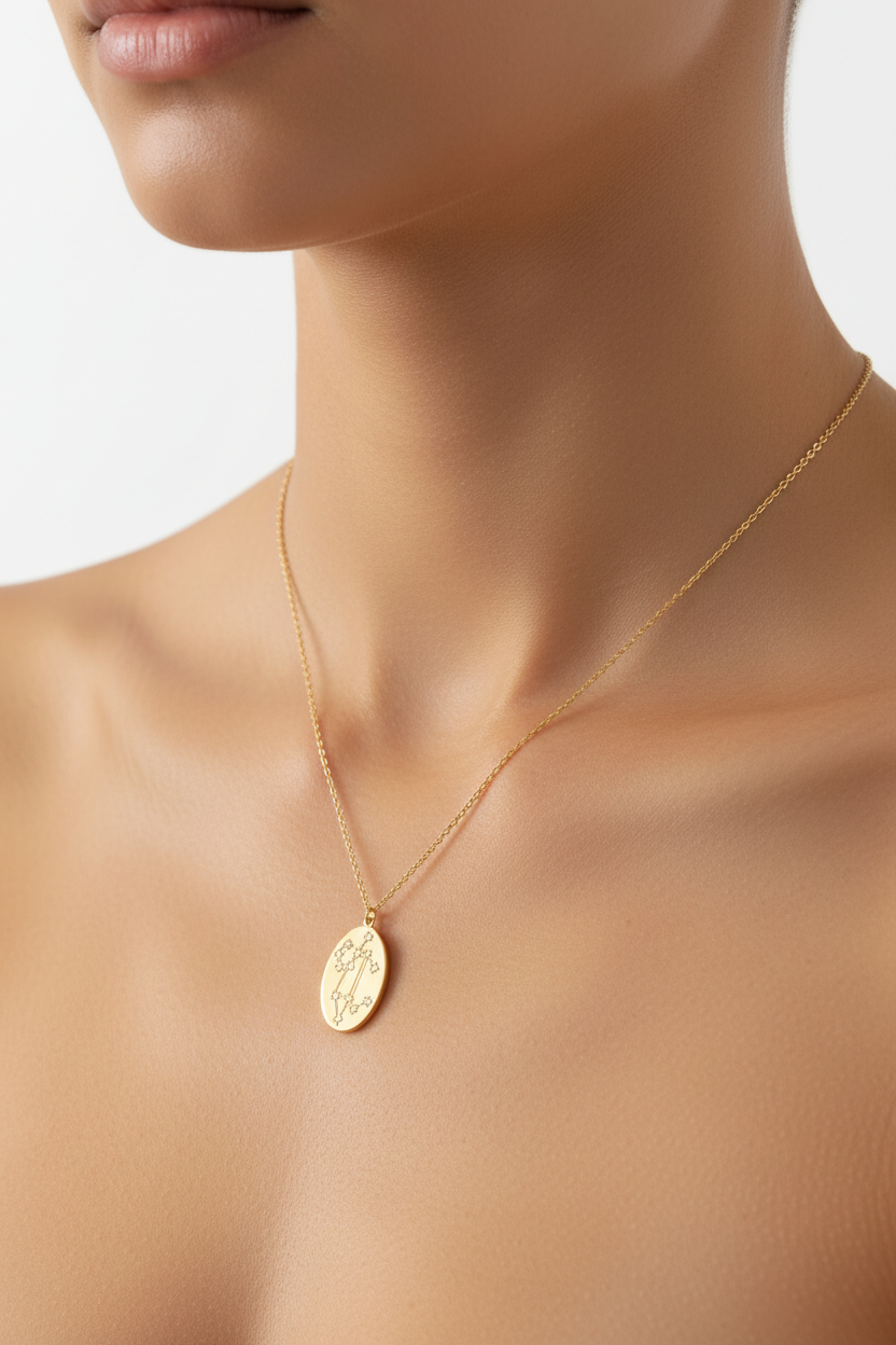 Zodiac Leo Constellation Oval Coin Necklace, 16 Inch Chain with 2 Inch Extender