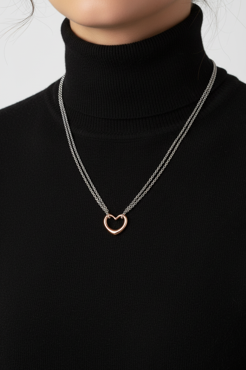 Heart Necklace - Sterling Silver Double Strand Rose Gold Pendant Italian