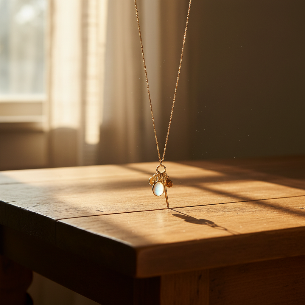 14 Karat Gold Plated Sterling Silver Charm Drop Necklace, Rainbow Moonstone, CZ Accents, Hammered Disks, 26 Inch Chain