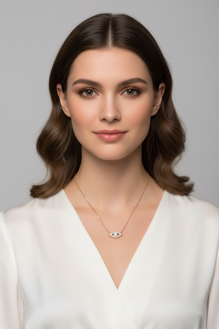 14 Karat Gold Plated Sterling Silver Evil Eye Pendant Necklace with CZ Accents, 16 Inch Chain with 2 Inch Extension