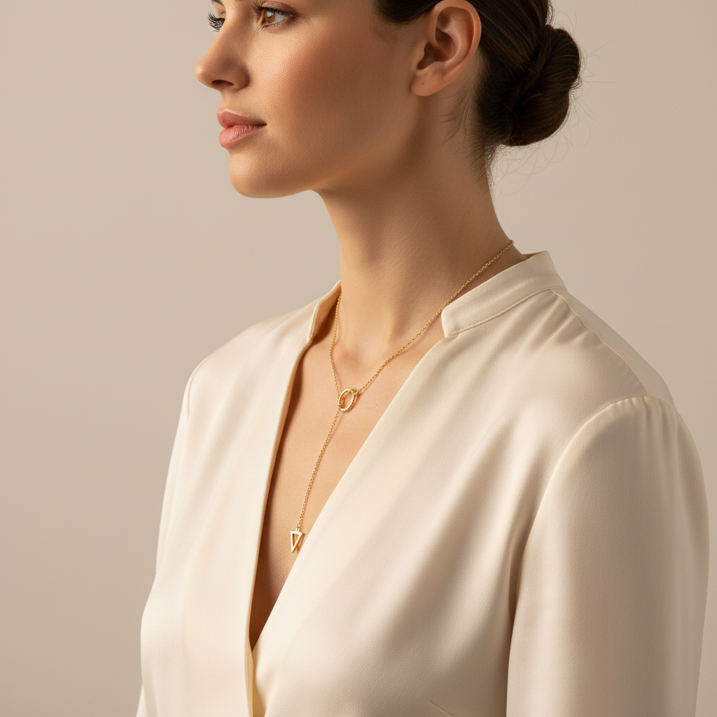 Geometric Lariat Necklace 14K Gold Plated 925 Sterling Silver Circle Triangle 24"