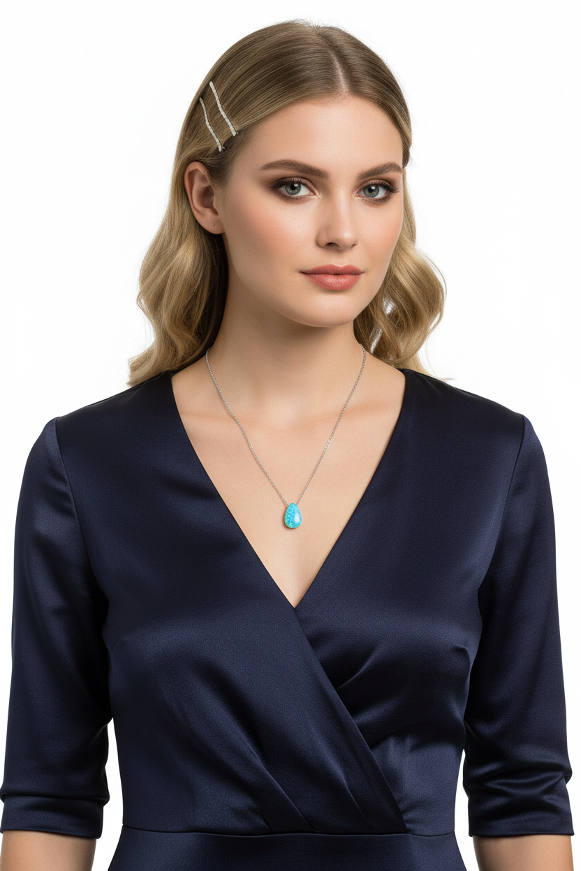 Opal Pear Drop Necklace Rhodium 925 Silver Blue Synthetic 9x12mm 16+2