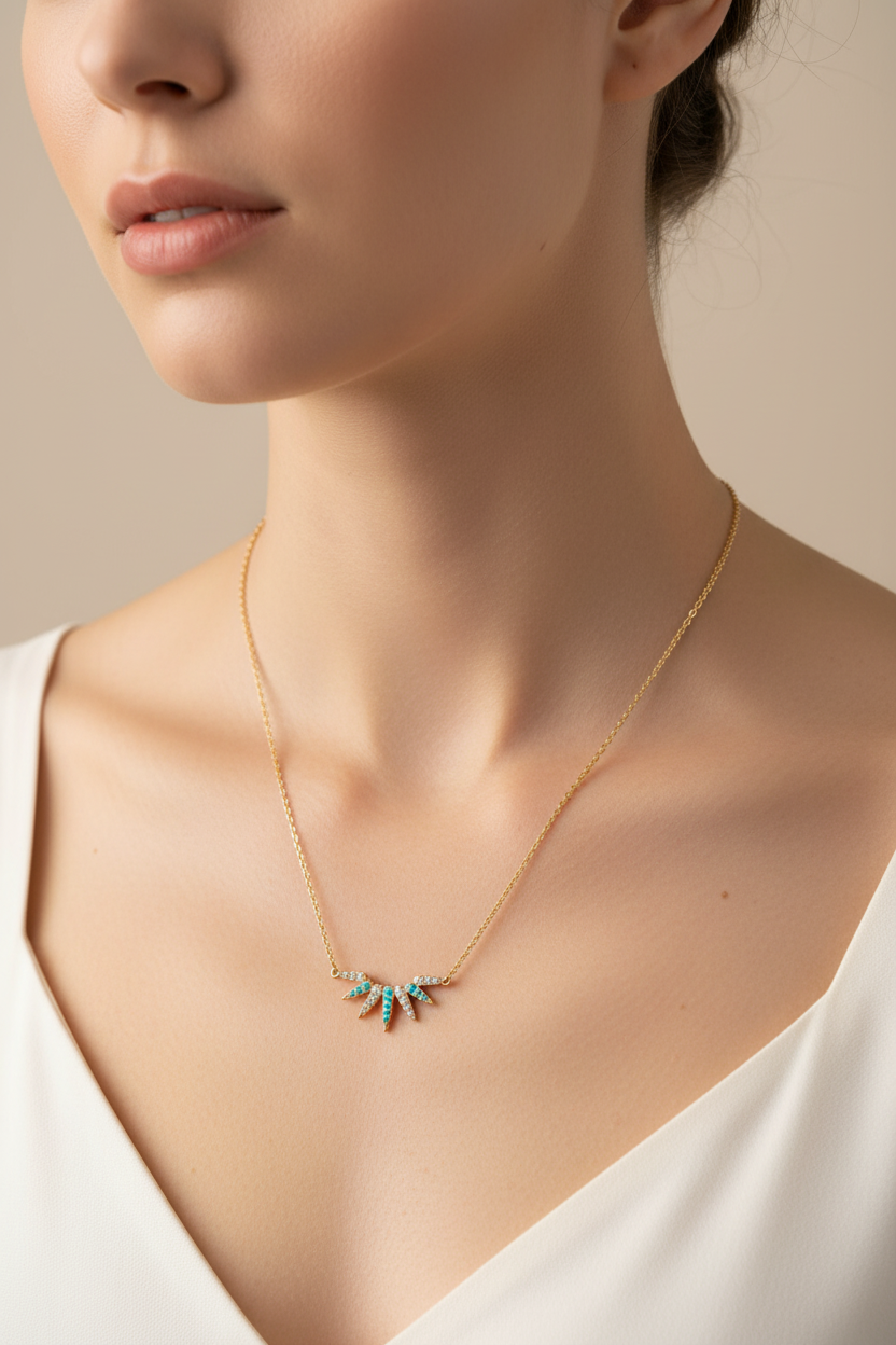 Turquoise CZ Sunray Necklace 14K Gold Plated 925 Silver 20mm 16+2 Inch