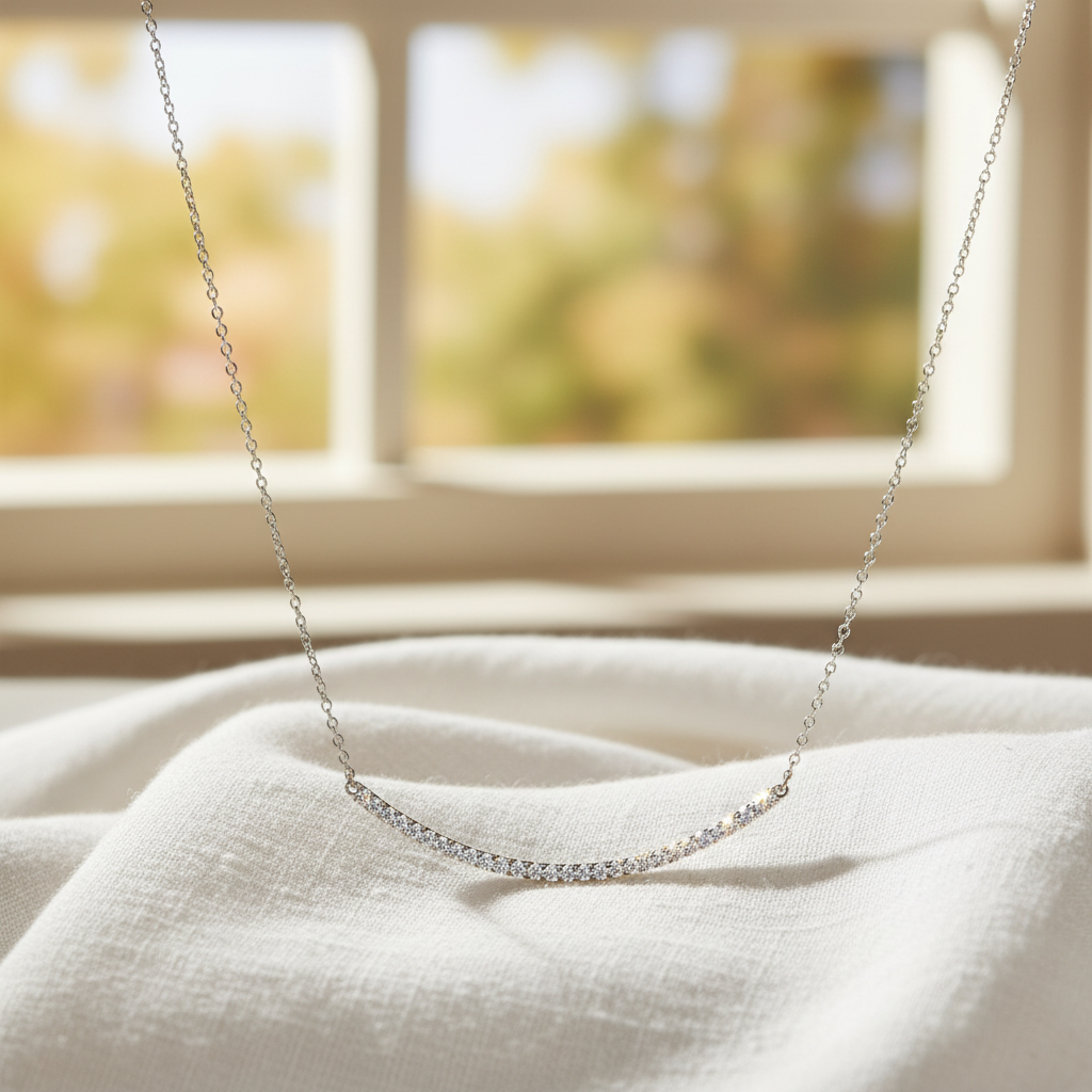 Sterling Silver Curved CZ Bar Necklace, Rhodium Plated, 18 Inch with 2 Inch Extension, Lobster Clasp