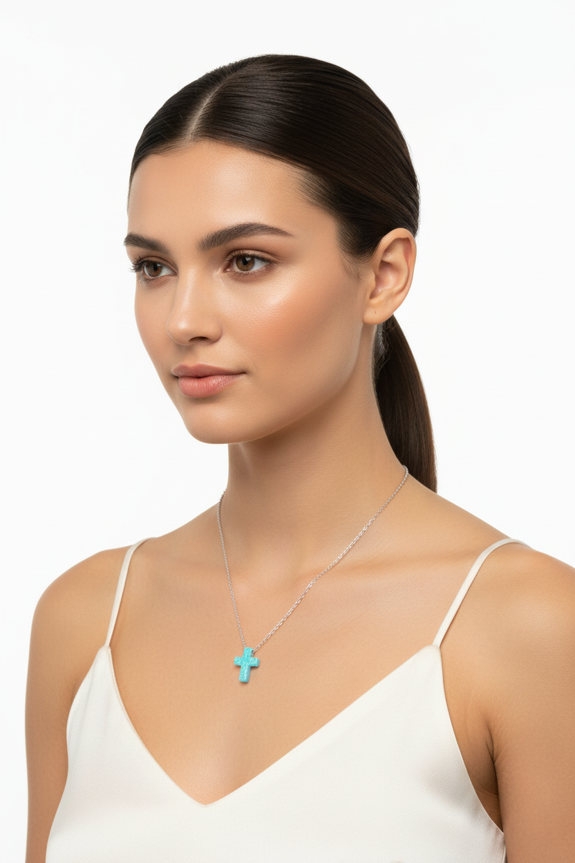 Opal Cross Necklace Rhodium 925 Sterling Silver Blue Synthetic 9mm 16+2