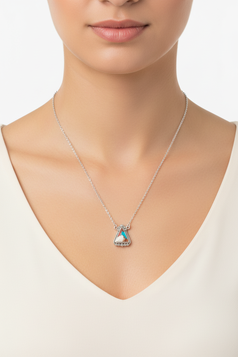 Sterling Silver Oxidized Pendant Necklace with Spiny Oyster and Turquoise Stone, 18+2 Inch Chain, Rope and Bead Detail