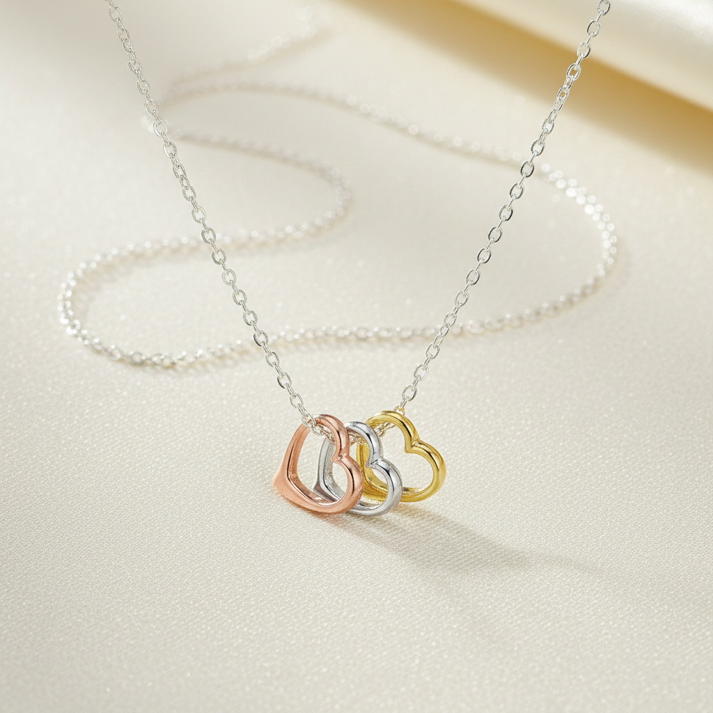 Tri Tone Heart Necklace Yellow Rose Gold Plated 925 Sterling Silver 9mm 15.75+2"
