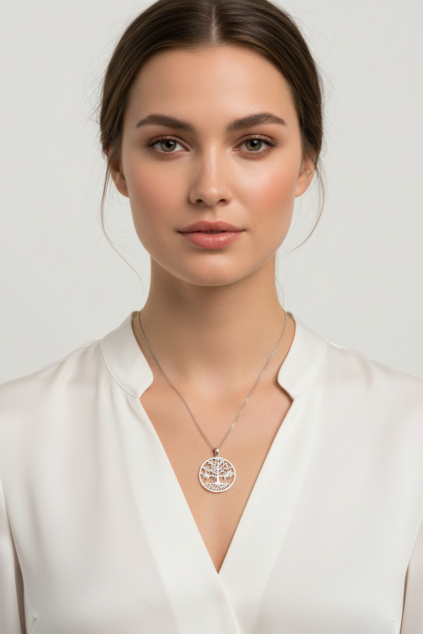 Tree of Life Necklace Rhodium 925 Sterling Silver 35mm Made in Italy 16+2