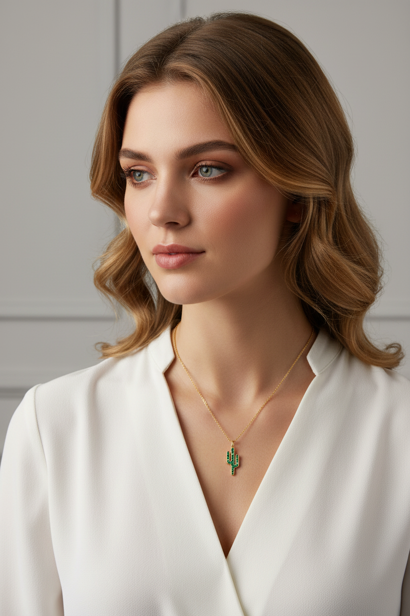 14 Karat Gold Plated Sterling Silver Saguaro Cactus Charm Necklace, Green and White CZ Flowers, 16 Inch Chain with 2 Inch Extension