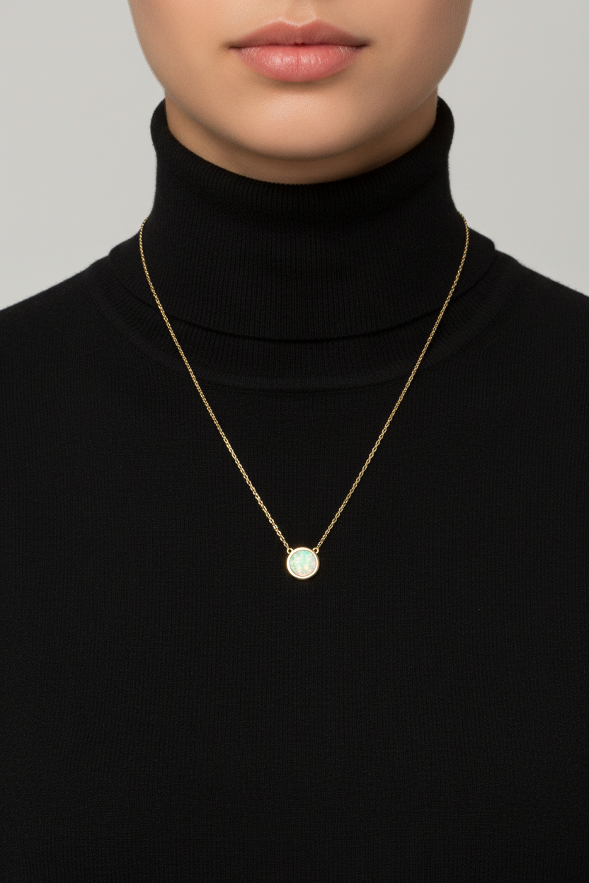 14 Karat Gold Plated Sterling Silver Cable Chain Necklace with Synthetic White Opal Circle Pendant, 16 Inch with 2 Inch Extension