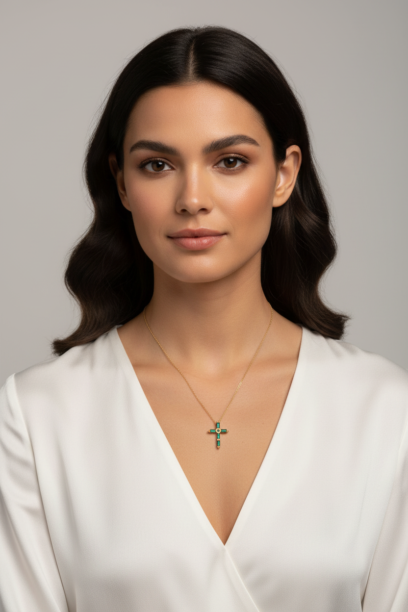 Green CZ Baguette Cross Necklace 14K Gold Plated 925 Silver 20mm 16+2