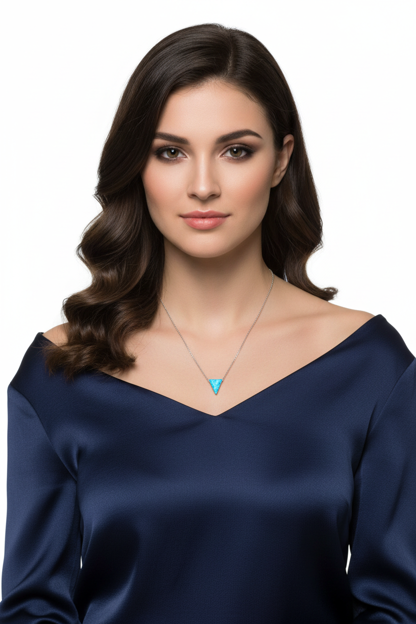Opal Triangle Necklace Rhodium 925 Silver Blue Synthetic 9.5mm 16+2