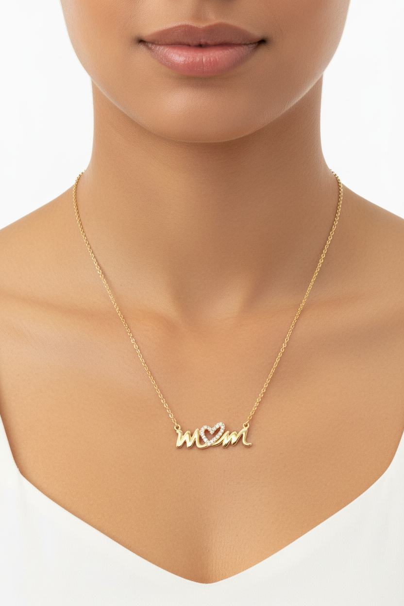 CZ Mom Necklace 14K Gold Plated 925 Silver Heart 25mm 16+2 Inch