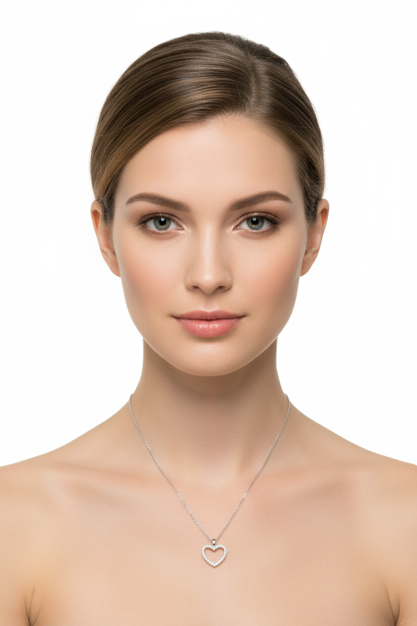 CZ Outline Heart Necklace Rhodium 925 Sterling Silver 12mm 16+2