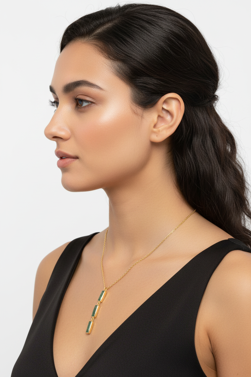 Moss Agate Drop Necklace 14K Gold Plated 925 Silver Baguette 18+2