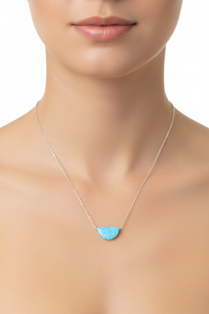 Opal Semicircle Necklace Rhodium 925 Silver Blue Synthetic 9x15mm 16+2