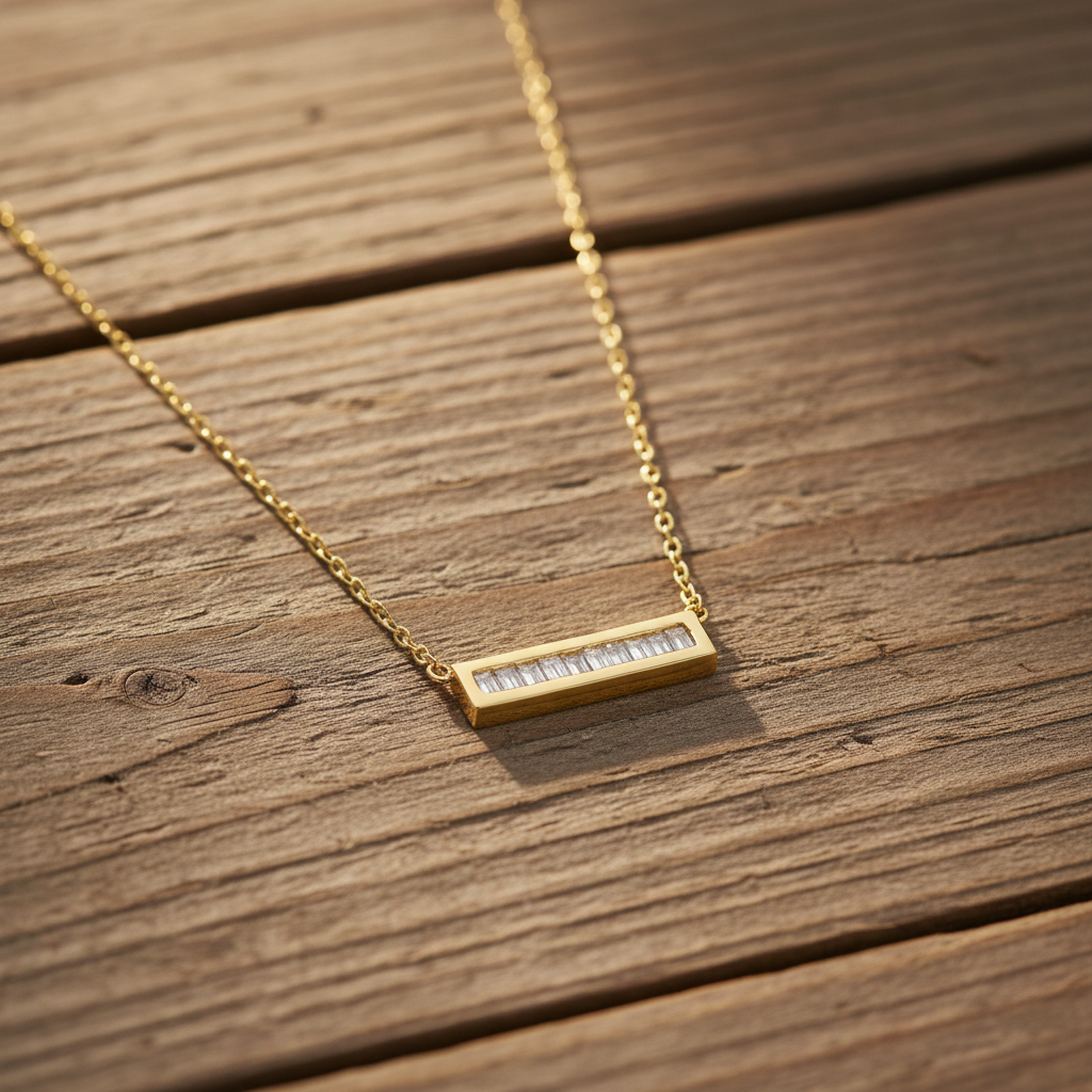 14 Karat Gold Plated Sterling Silver Bar Necklace, 16 Inch Cable Chain with 2 Inch Extension, CZ Pendant, Lobster Clasp