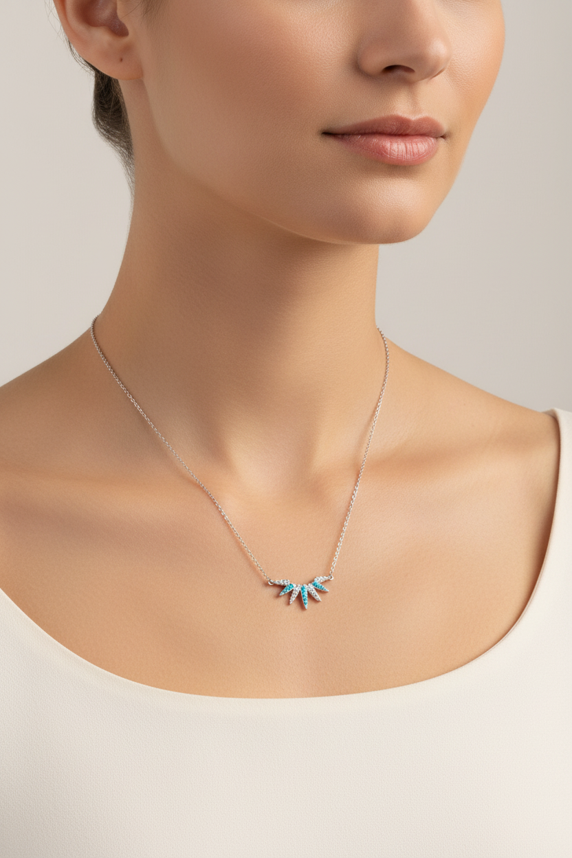 Turquoise CZ Sunray Necklace 925 Sterling Silver Rhodium 20mm 16+2 Inch