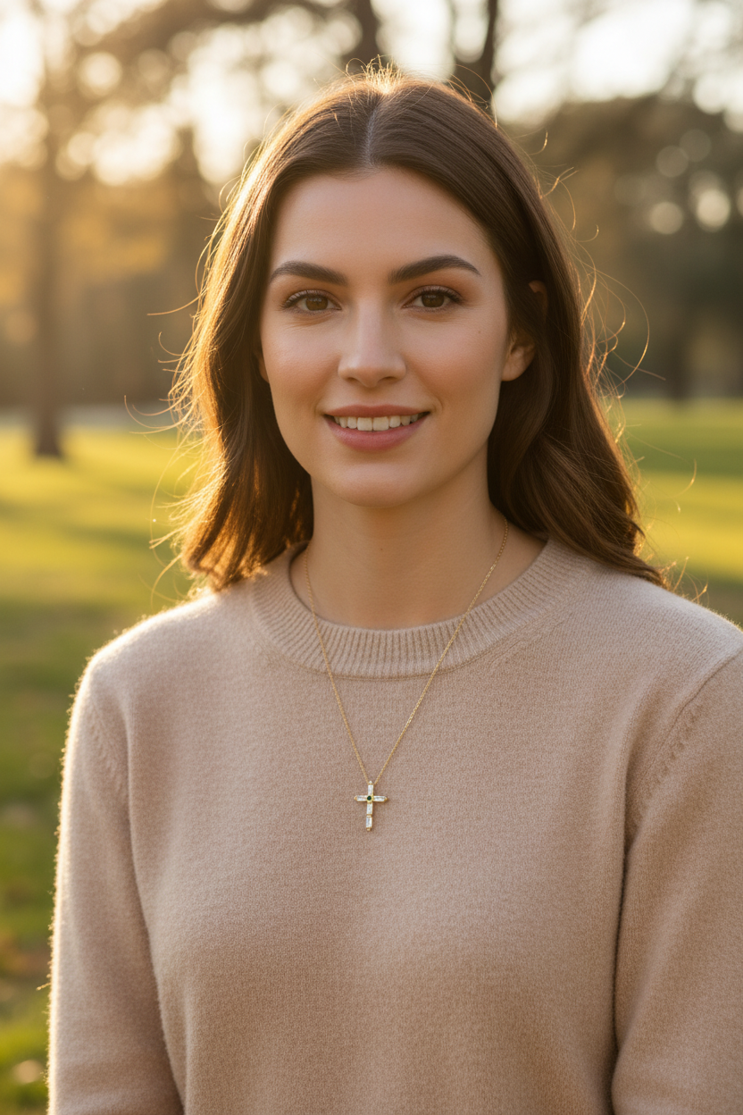 Sterling Silver Cross Pendant Necklace with White Baguette CZ, Green Center Stone, 16+2 Inch Gold Plated Chain