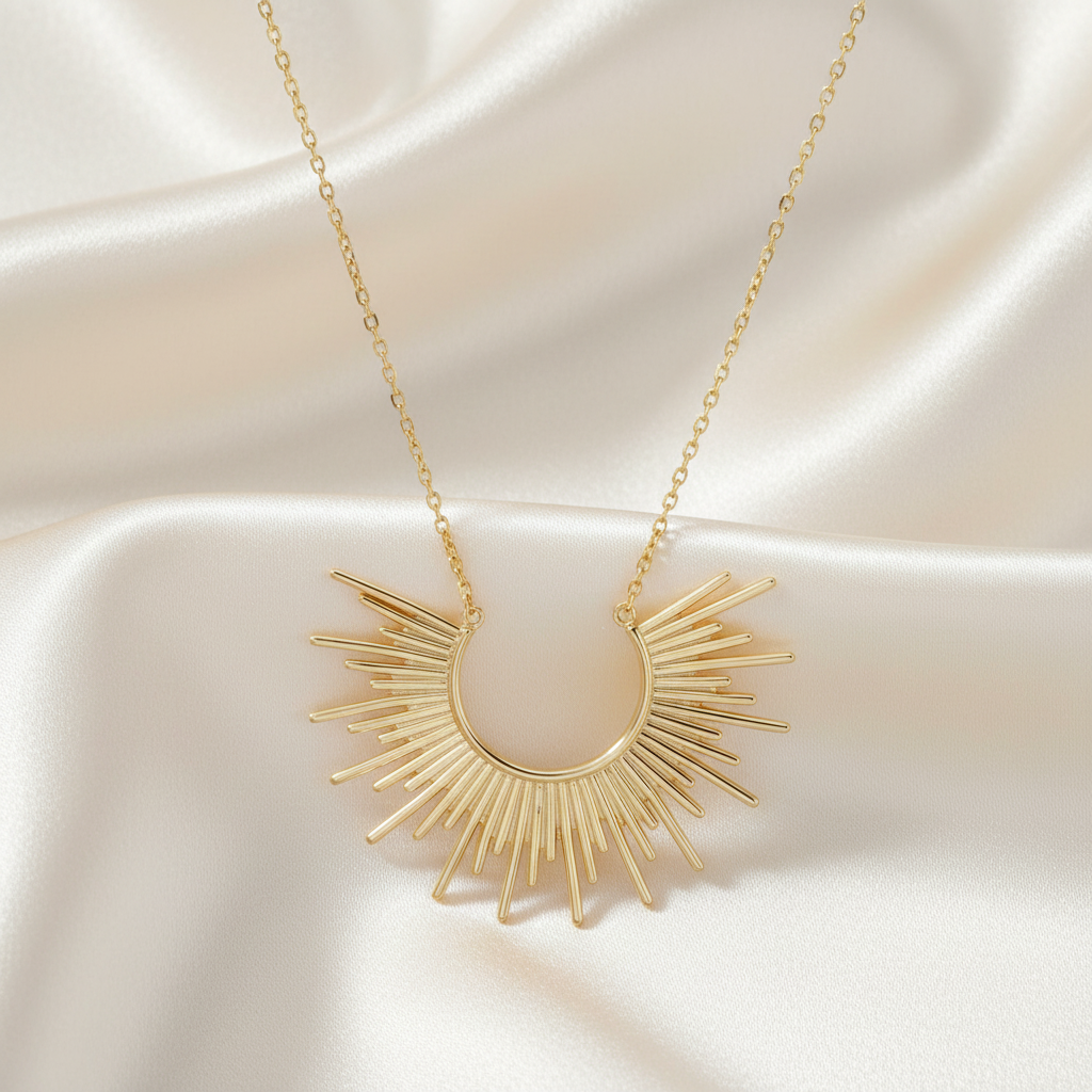 Sunburst Necklace 14K Gold Plated 925 Sterling Silver 1.75x1.25 Inch 16+2 Inch