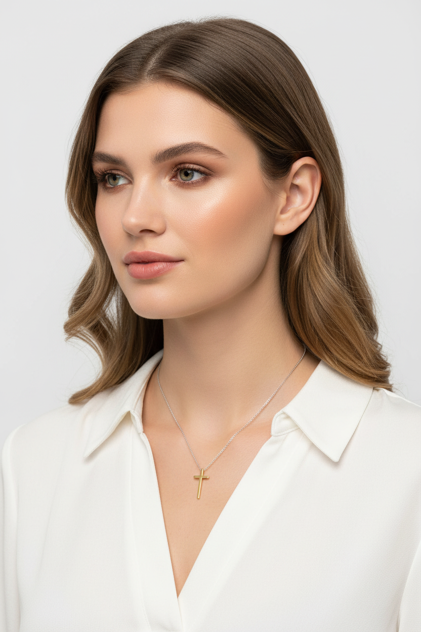 Two Tone Cross Necklace Rhodium 14K Gold 925 Sterling Silver 10.7x20.9mm Italy