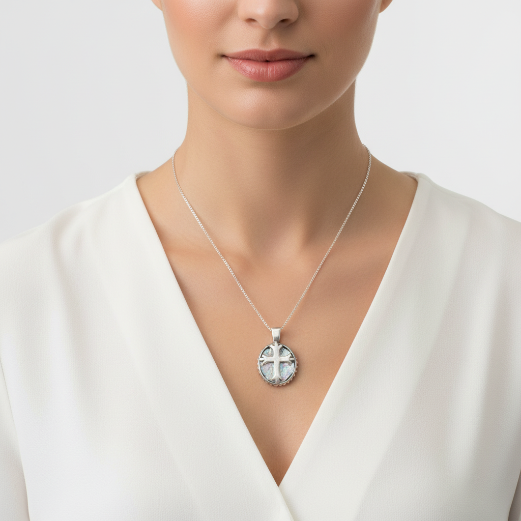 Roman Glass Cross Necklace - Sterling Silver Ancient Glass Pendant