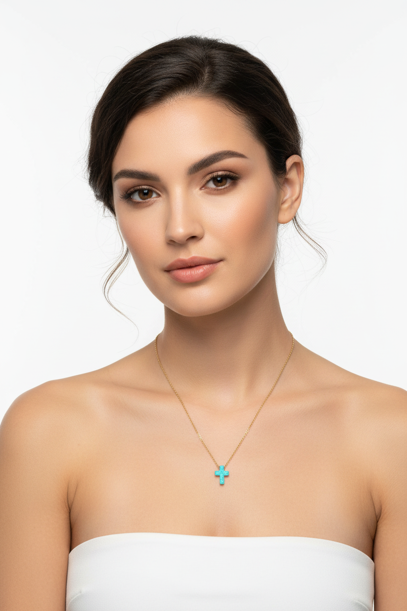 Opal Cross Necklace 14K Gold Plated 925 Silver Blue Synthetic 9mm 16+2