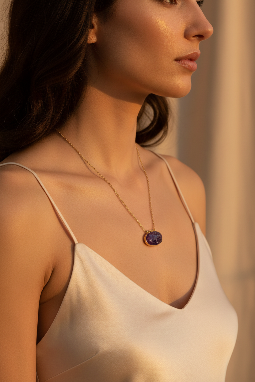 14 Karat Gold Plated Sterling Silver Cable Chain Necklace with Rough Cut Amethyst Slide, 16 Inch with 2 Inch Extension, Lobster Clasp