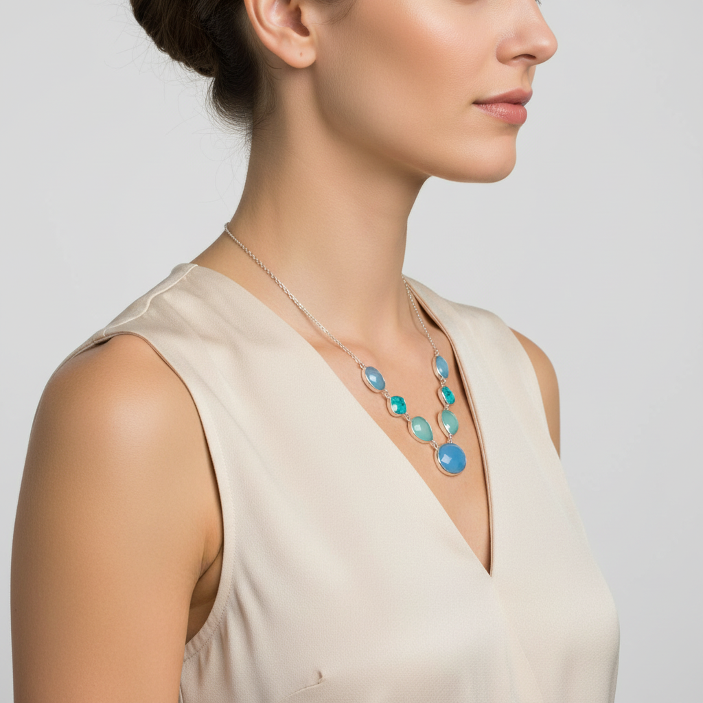 Multi-Stone Necklace - Sterling Silver Turquoise and Chalcedony Statement