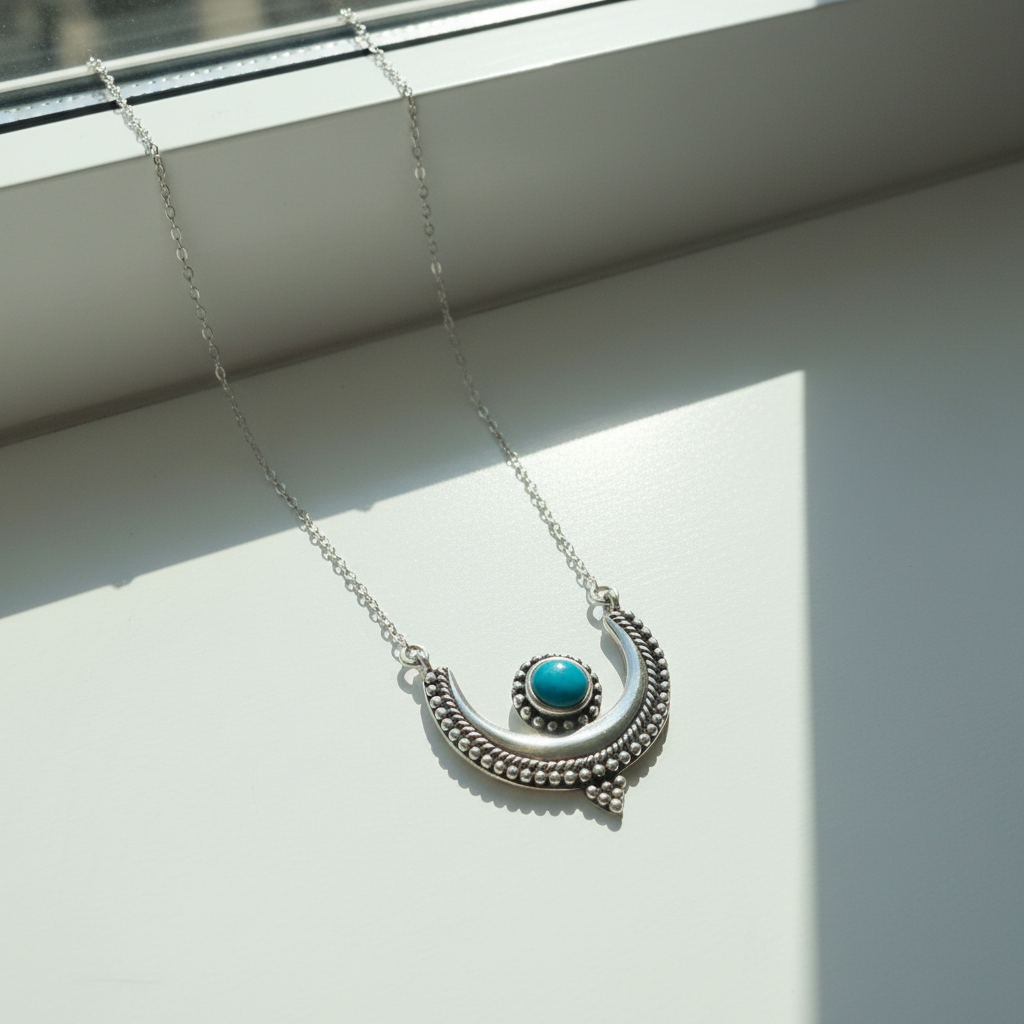 Crescent Moon Necklace - Sterling Silver Oxidized with Turquoise