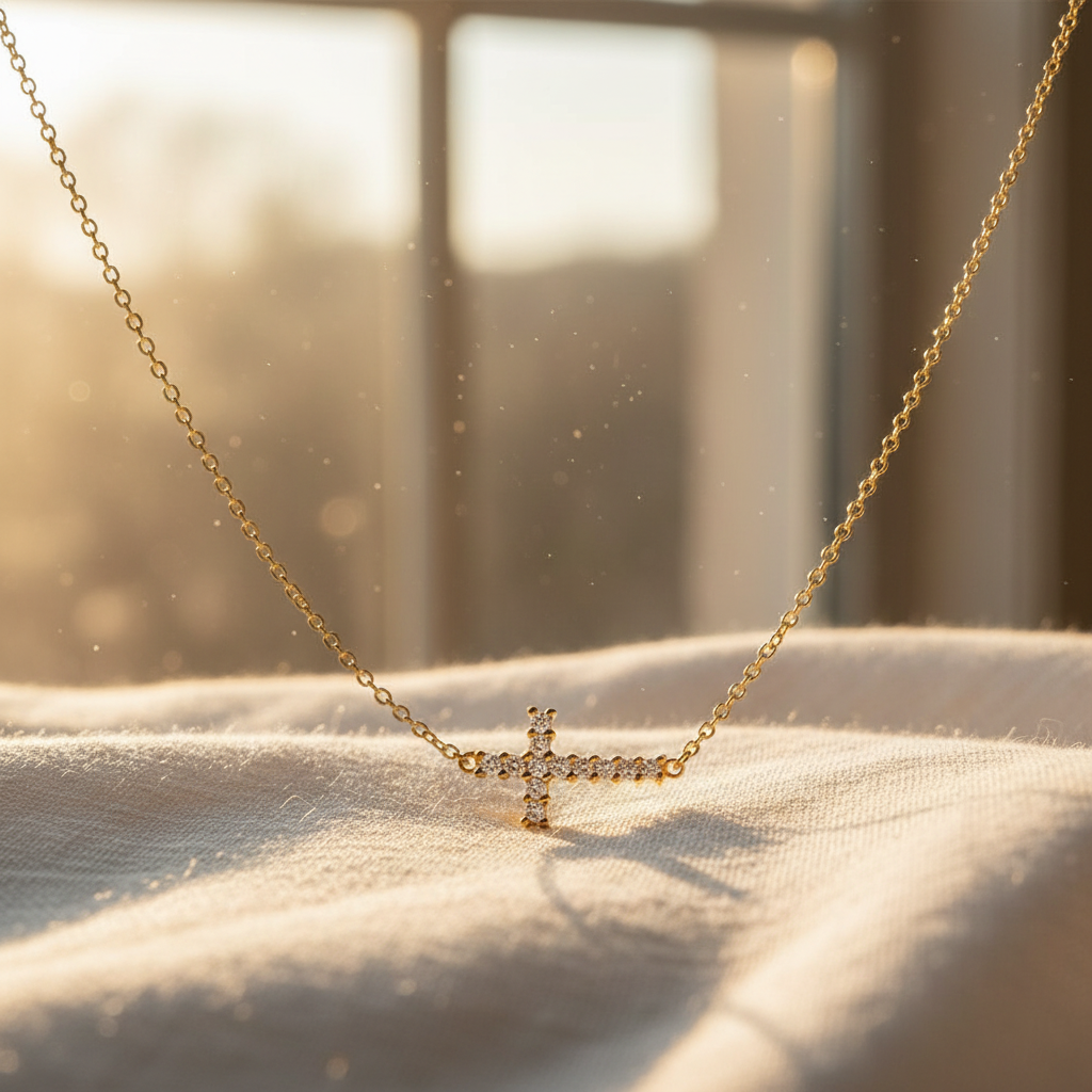 14 Karat Gold Plated Sterling Silver Necklace with Sideways CZ Cross, 16 Inch Chain, Lobster Clasp