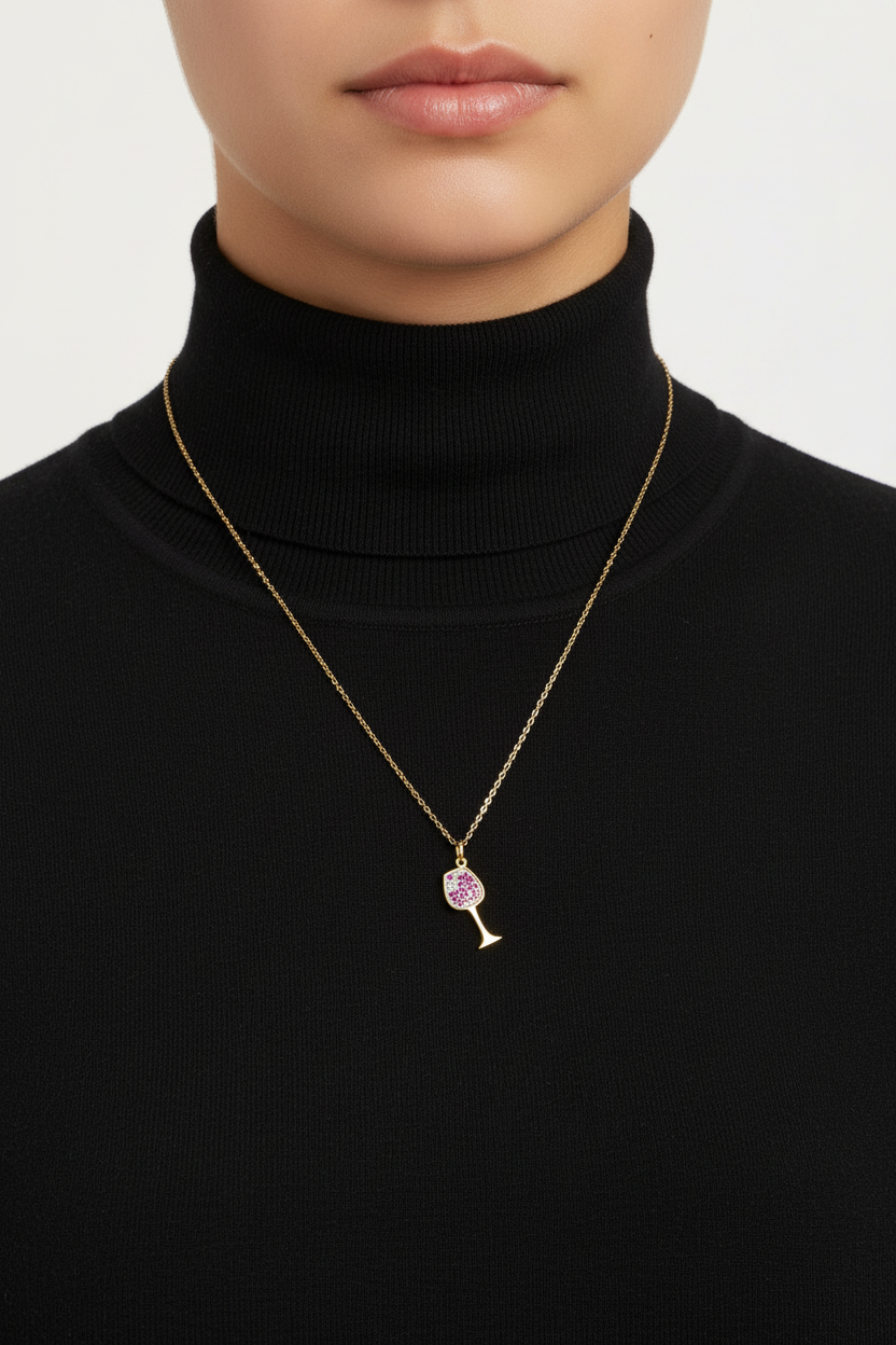 14 Karat Gold Plated Sterling Silver Wine Glass Charm Necklace, Red and White CZ Pave, 16 Inch Cable Chain with Extensions