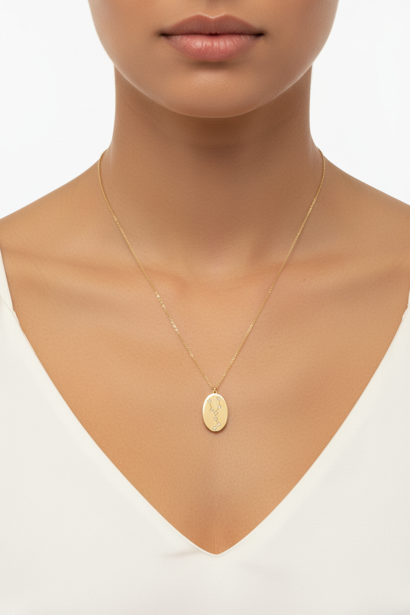 Taurus Zodiac Constellation Oval Coin Necklace, 16 Inch Chain with 2 Inch Extender