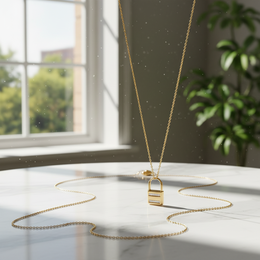 14 Karat Gold Plated Sterling Silver Lock Chain Necklace with CZ Accents, 16 Inch with 2 Inch Extender, Lobster Clasp