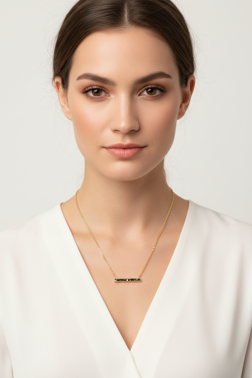 Natural Diamond Chip Necklace 14K Gold Plated 925 Sterling Silver Black Resin