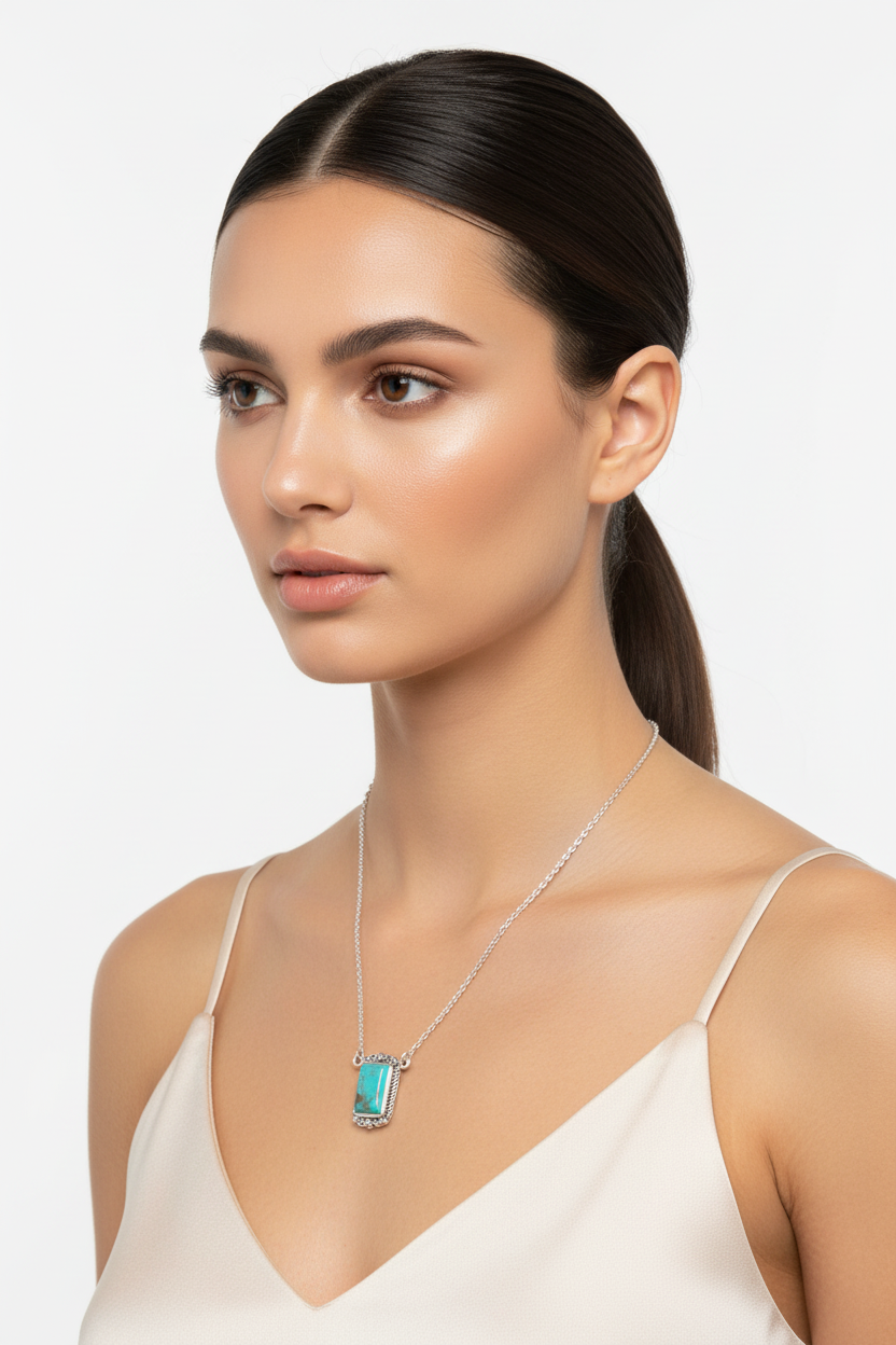 Turquoise Necklace - Sterling Silver Oxidized Rope Edge Rectangle Pendant