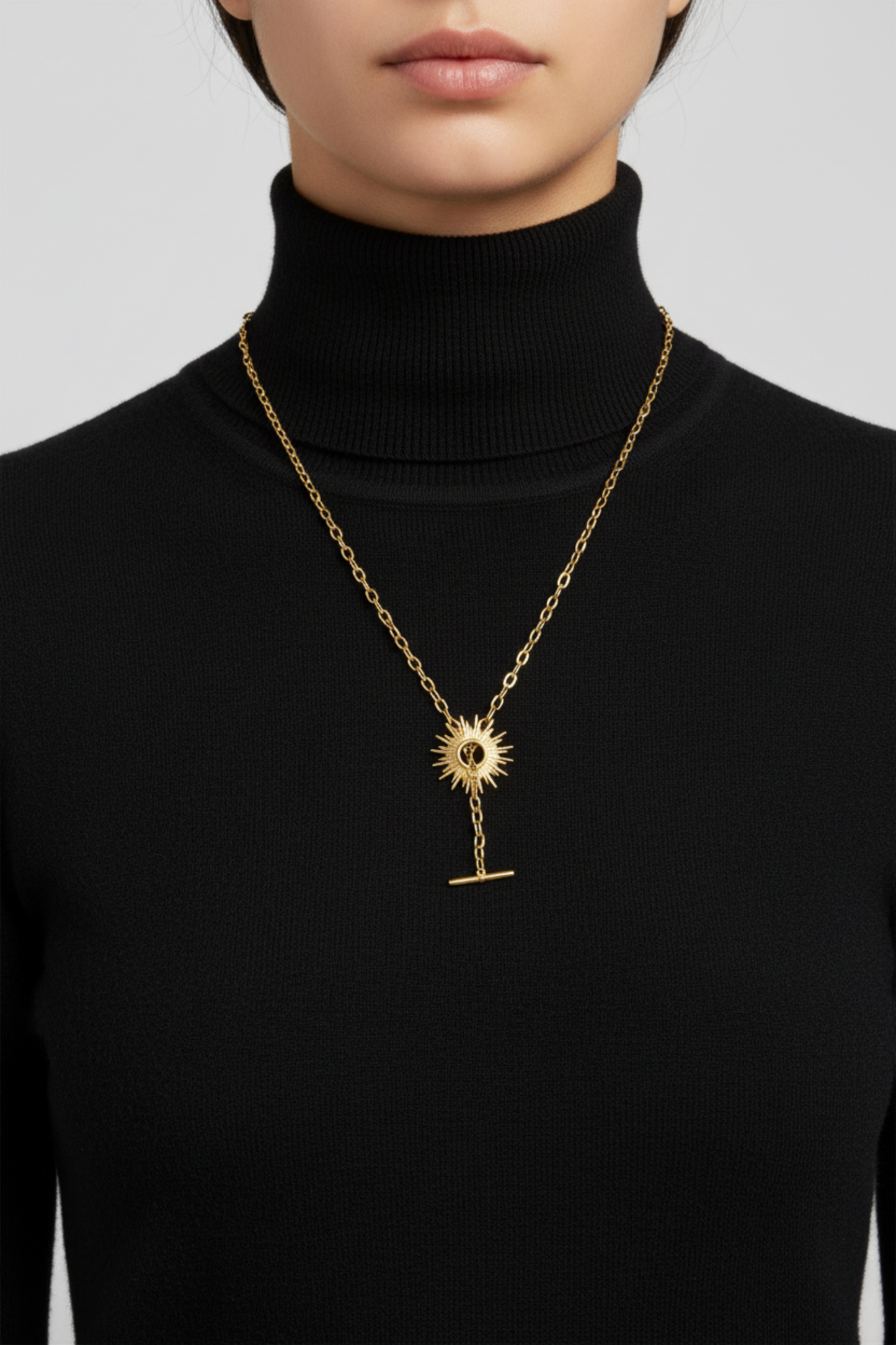 Sunburst Toggle Necklace 14K Gold Plated 925 Silver 20.5mm 16.5 Inch