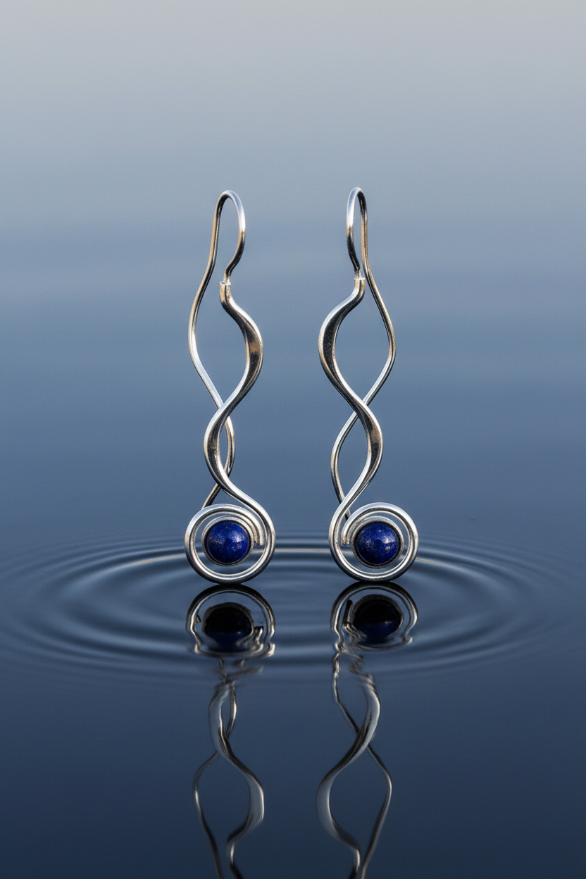 Lapis Lazuli Wavy Wire Threader Earrings Polished 925 Sterling Silver 6mm 57.4mm