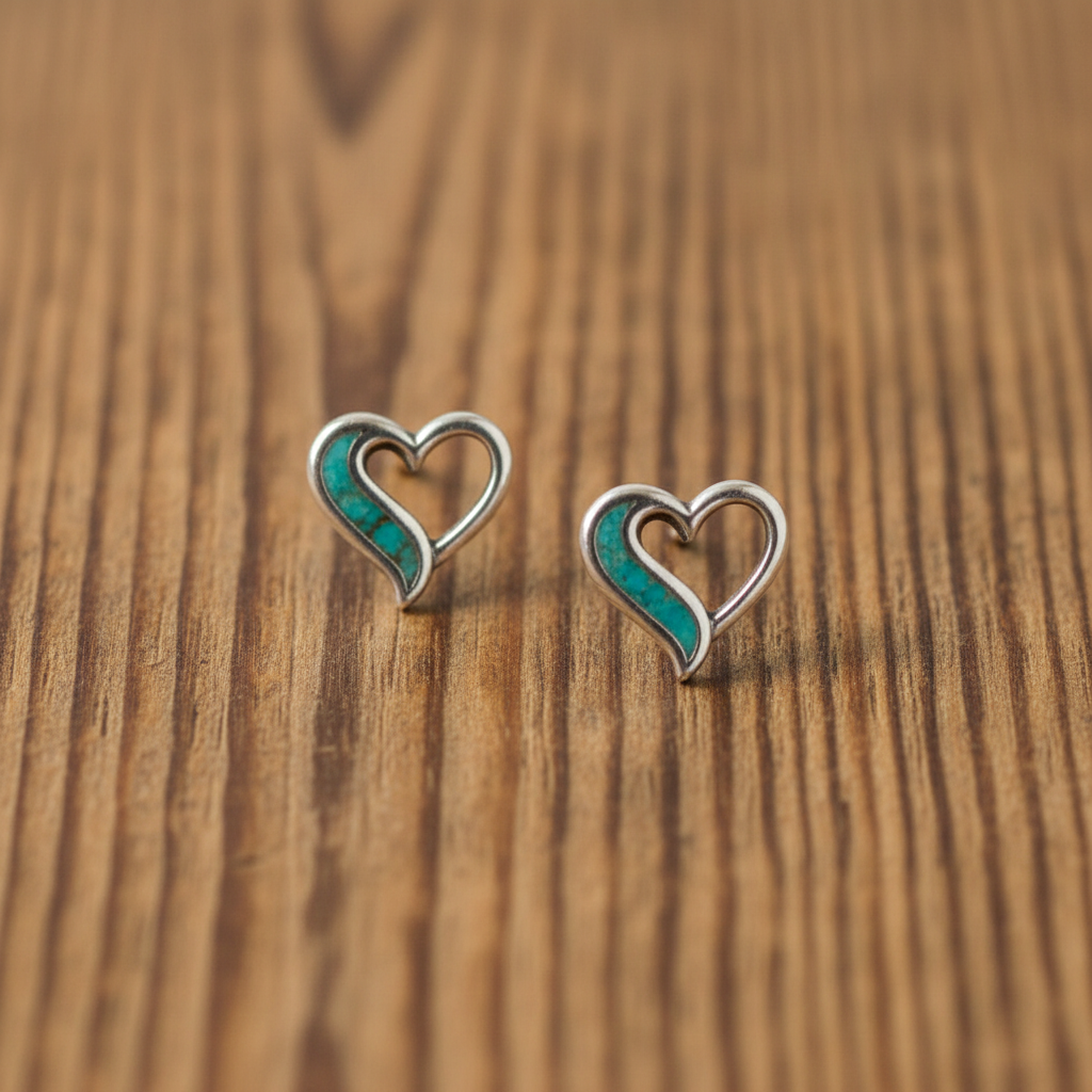 Turquoise Chip Open Heart Stud Earrings Oxidized 925 Sterling Silver 7.7mm