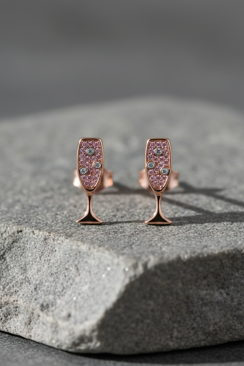 Pink Pave & Clear CZ Champagne Flute Stud Earrings 14K Rose Gold Plated 925 Silver