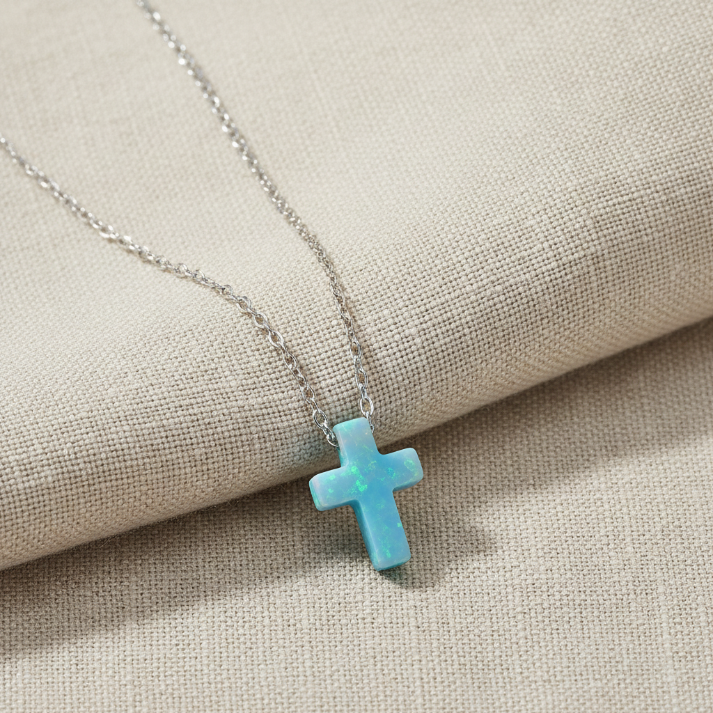 Opal Cross Necklace Rhodium 925 Sterling Silver Blue Synthetic 9mm 16+2