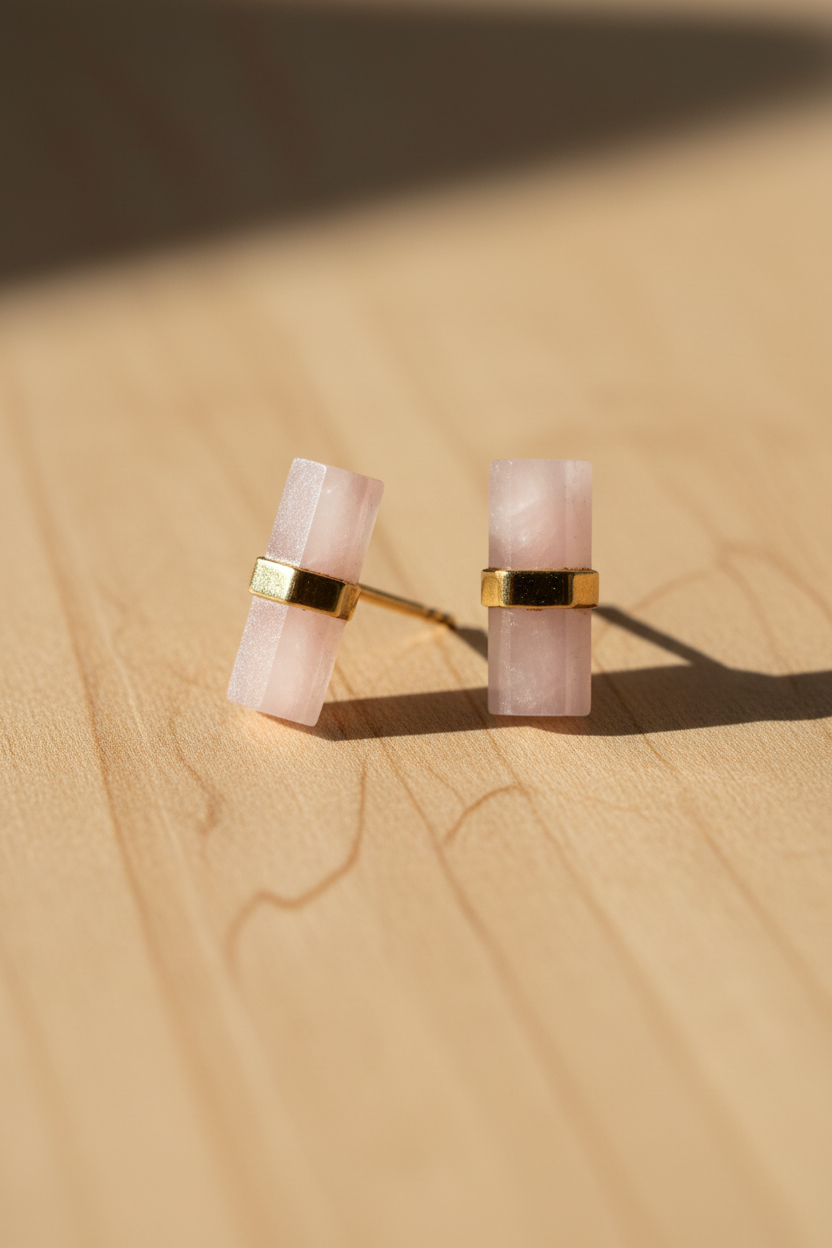 Rose Quartz Pencil Bar Stud Earrings 14K Gold Plated 925 Sterling Silver 4x13mm