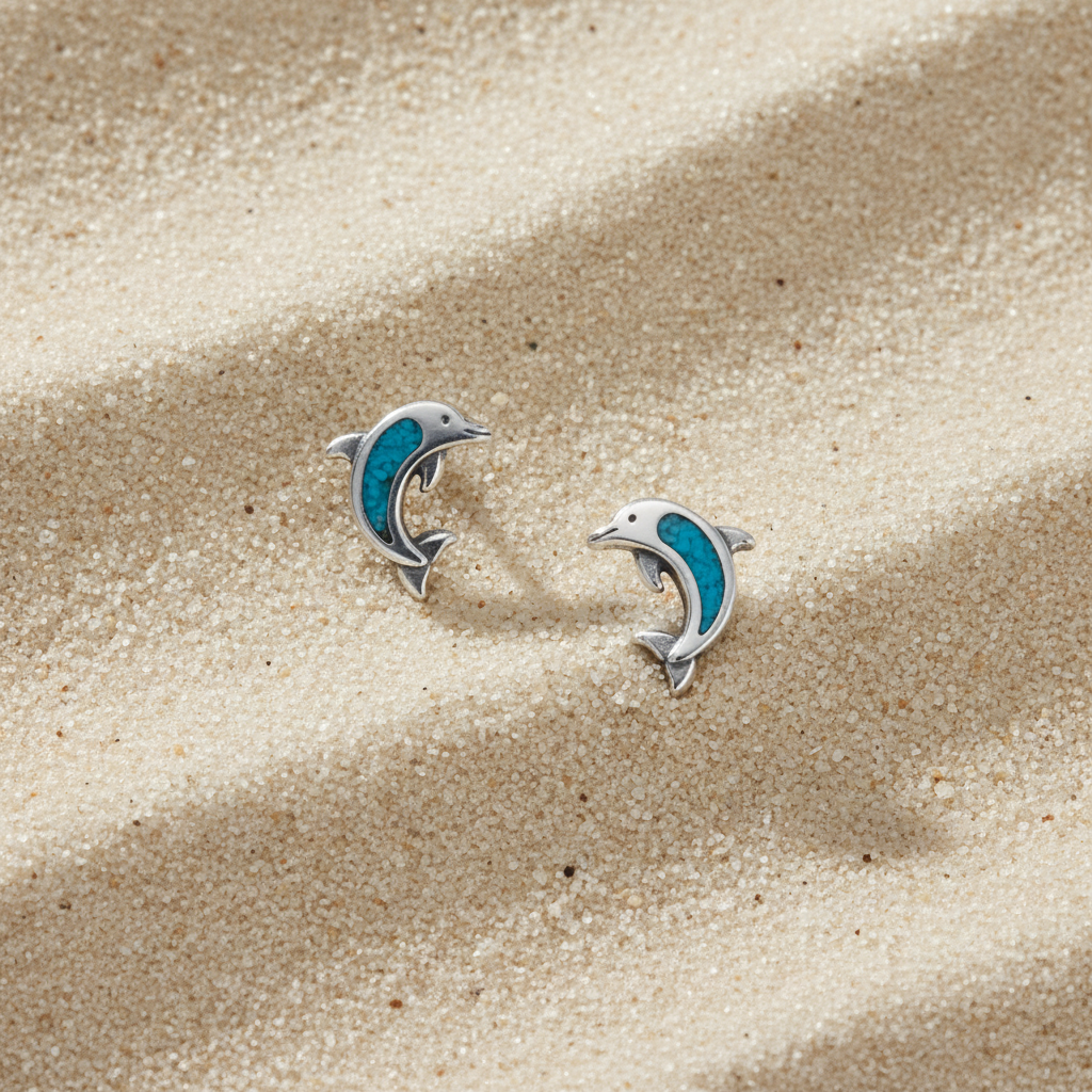 Dolphin Stud Earrings Oxidized 925 Sterling Silver Turquoise Inlay 7x9.3mm