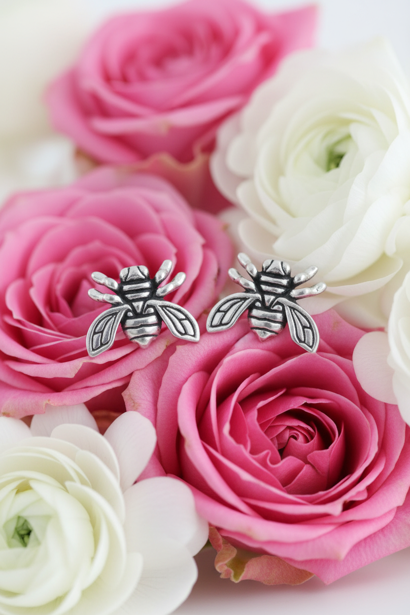 Oxidized Bee Stud Earrings 925 Sterling Silver Vintage Detail 10.5mm