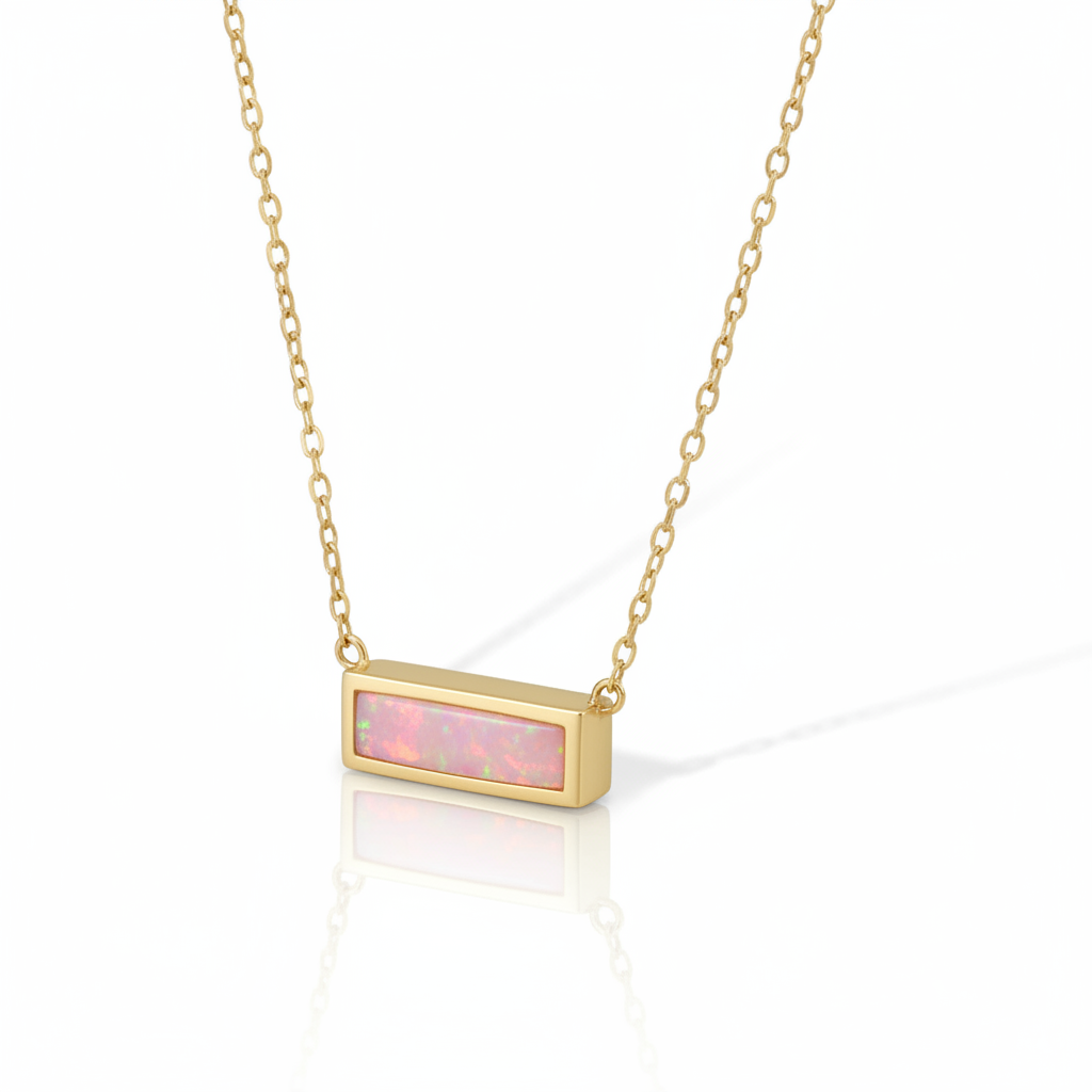 14 Karat Gold Plated Sterling Silver Cable Chain Necklace with Synthetic Pink Opal Bar, 16 Inch with 2 Inch Extension