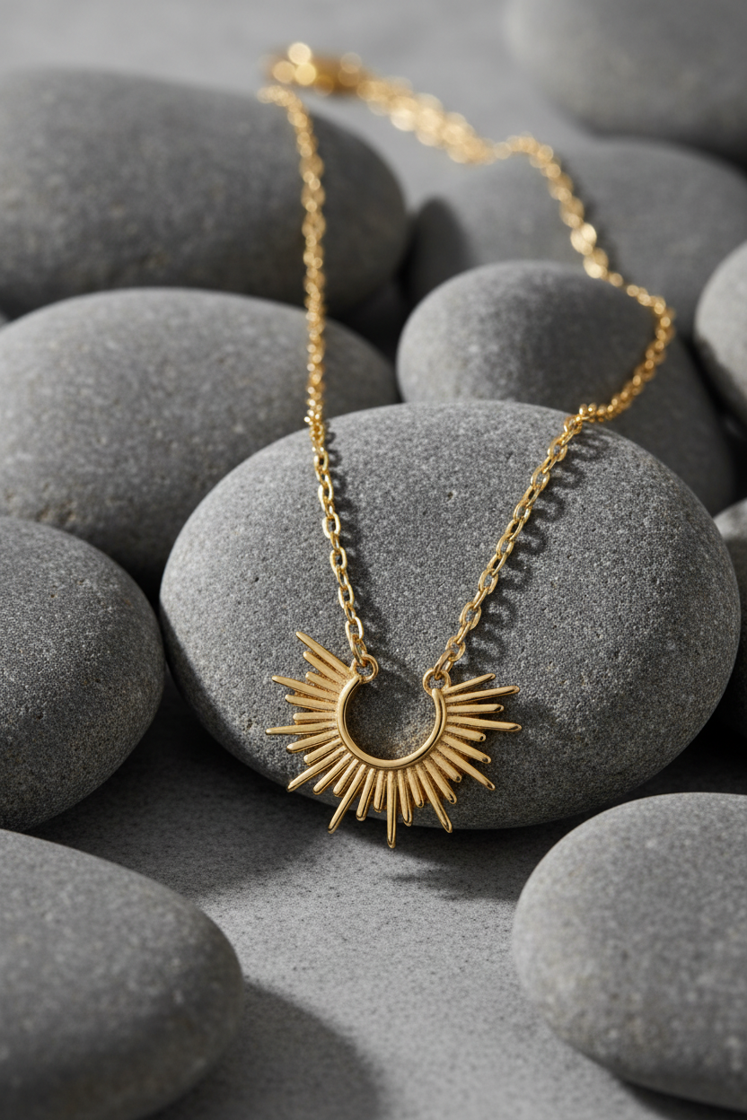 Radiant Minimalism - 14K Gold Plated Sunburst Pendant Necklace