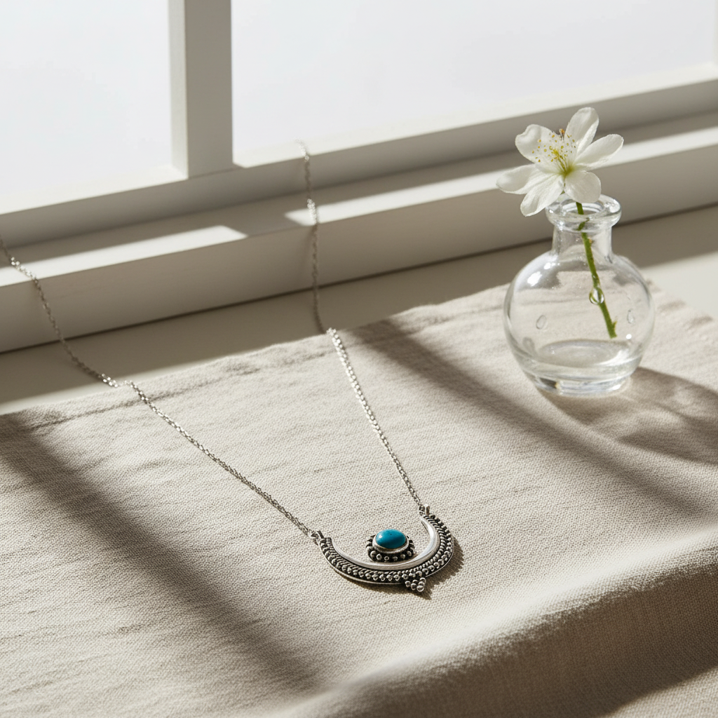 Crescent Moon Necklace - Sterling Silver Oxidized with Turquoise