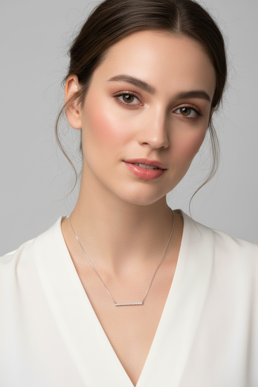 Generic Sterling Silver Rhodium Plated CZ Bar Pendant Necklace, 16 Inch Chain with 2 Inch Extender, Spring Ring Closure