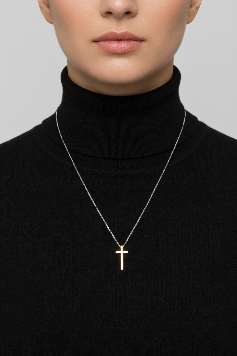 Two Tone Cross Necklace Rhodium 14K Gold 925 Sterling Silver 10.7x20.9mm Italy
