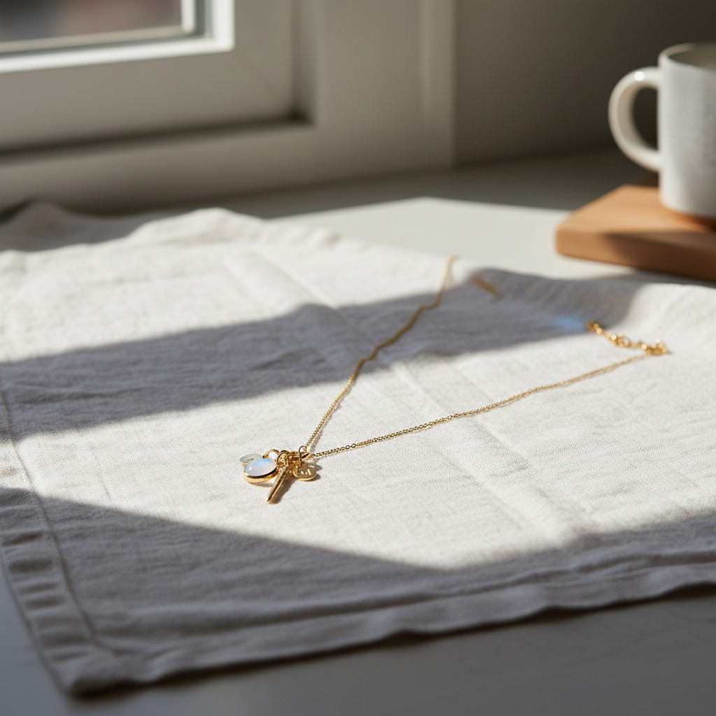 14 Karat Gold Plated Sterling Silver Charm Drop Necklace, Rainbow Moonstone, CZ Accents, Hammered Disks, 26 Inch Chain